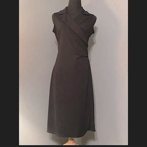 Express black, sleeveless, collard, side gathered, front draped dress.